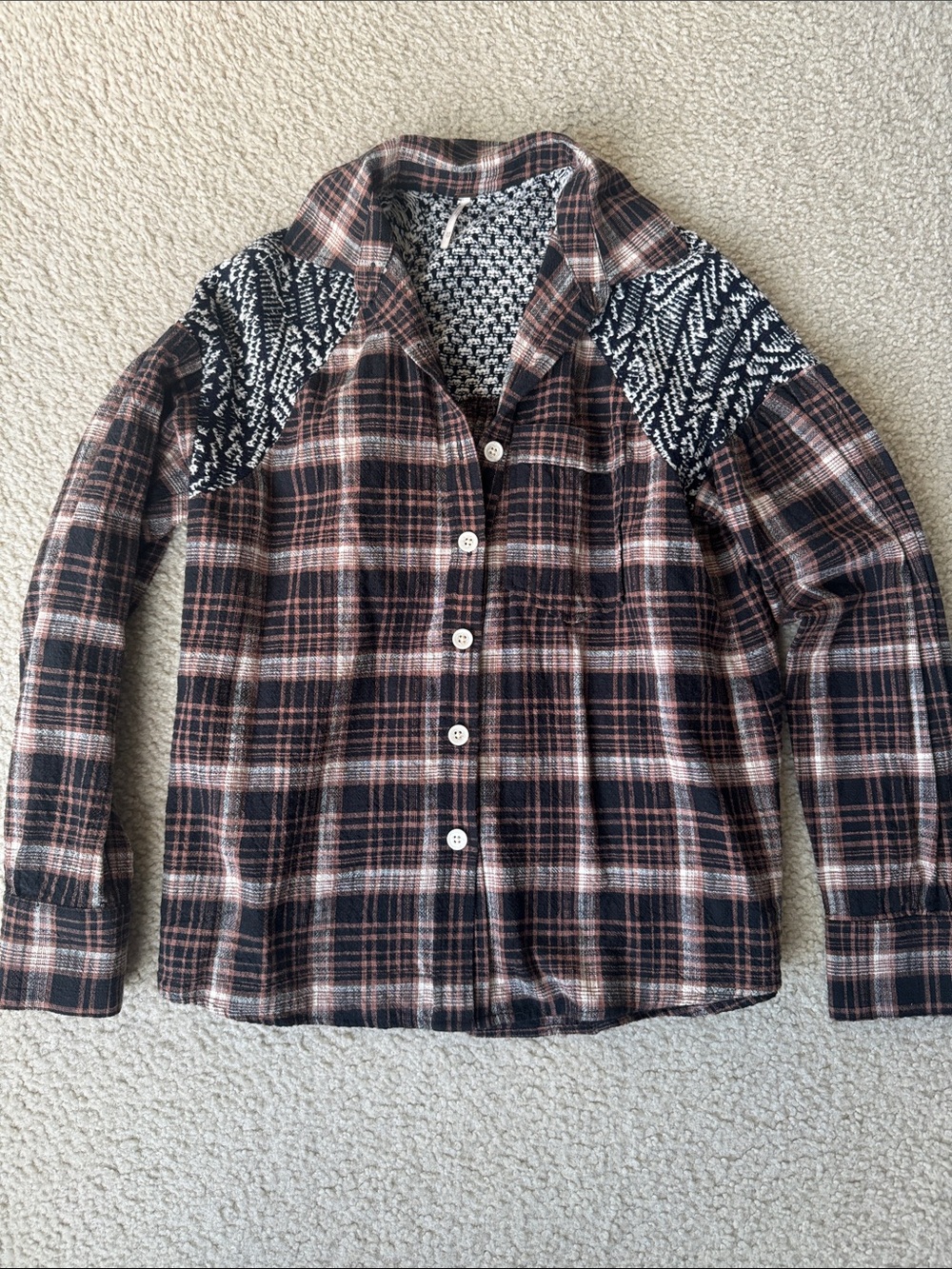 Free People Brown and Black Plaid Button-Down Shirt with Knit Shoulder Panels